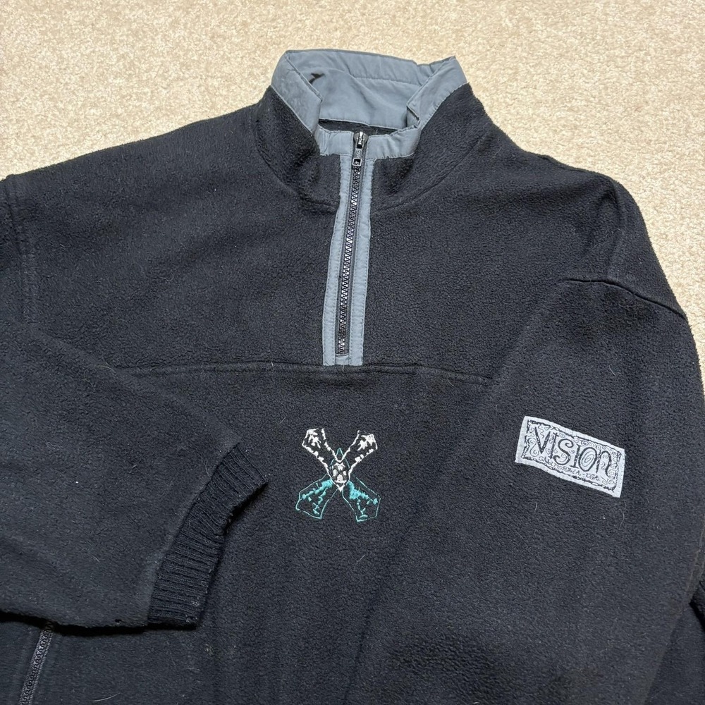 Vtg Vision Fleece Jacket Medium Black 1/4 Zip USA Skate Streetwear 80s 90s